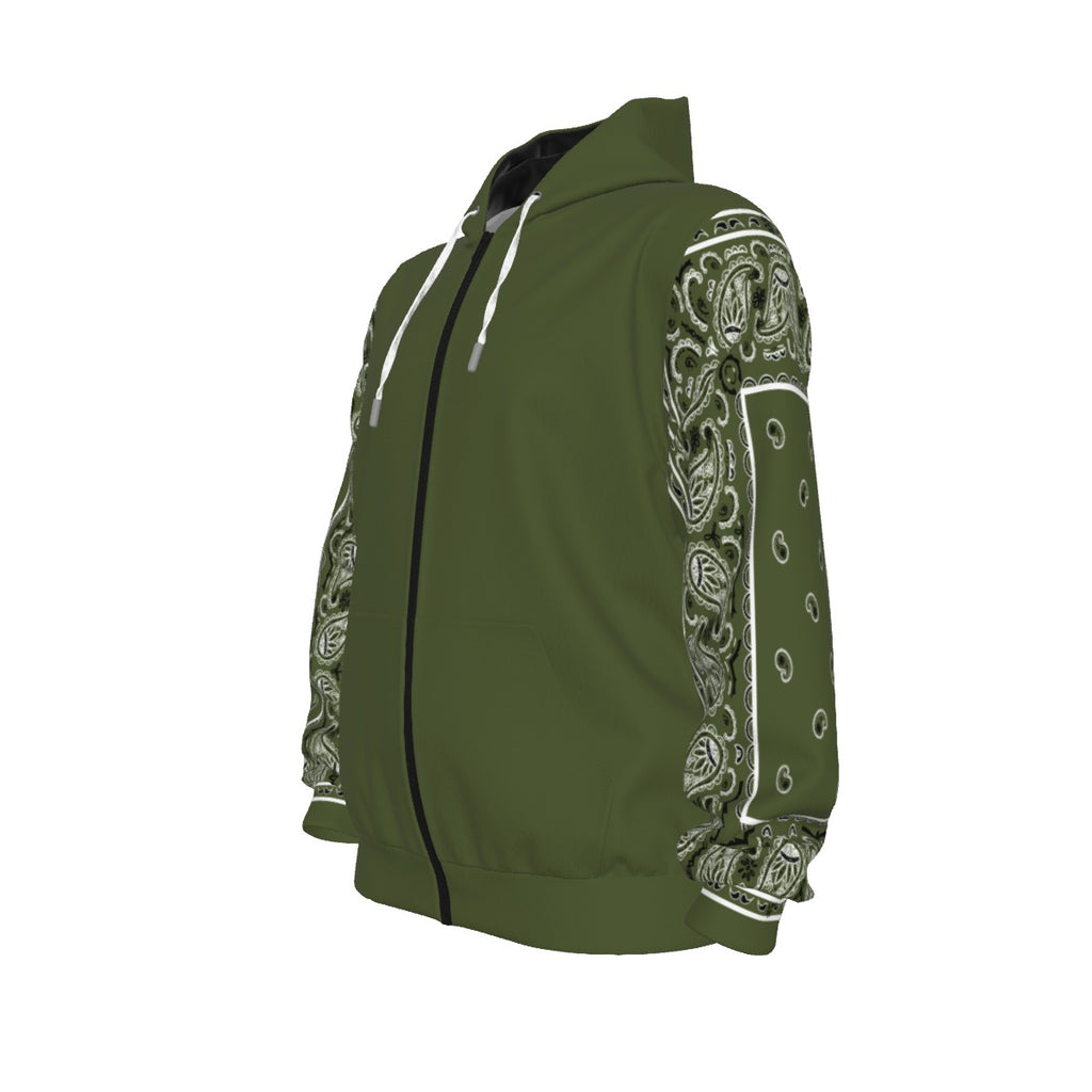 Unisex Army Green Bandana Sleeved Zip-Up Hoodie