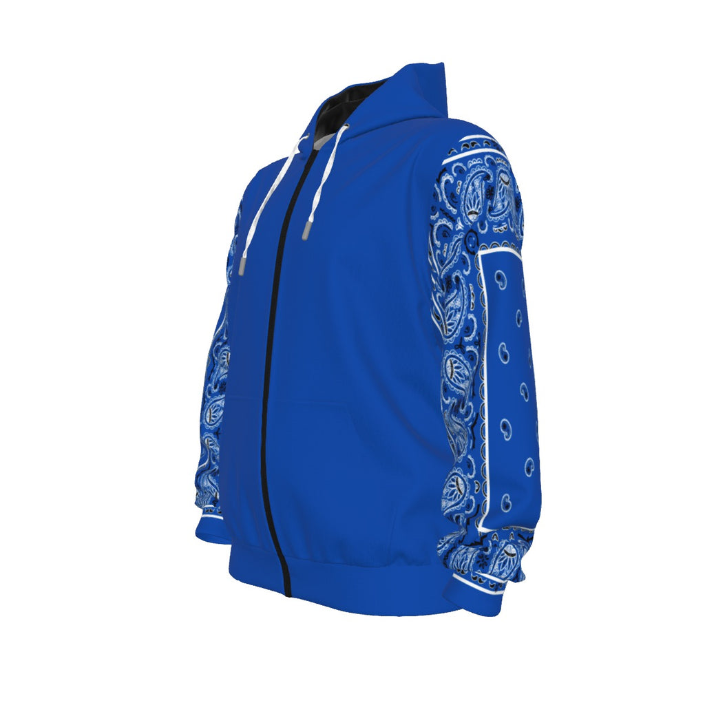 Unisex Classic Blue Bandana Sleeved Zip-Up Hoodie