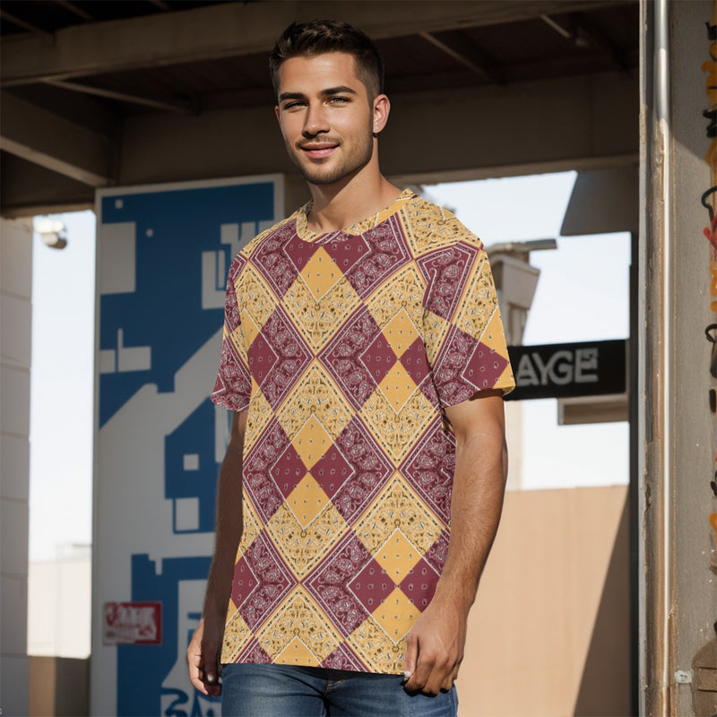 Men's Maroon Peach Diamond Bandana Cotton Tee