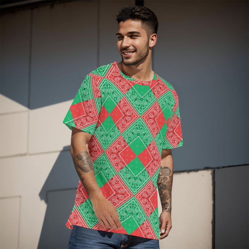 Men's Red Green Diamond Bandana Cotton Tee