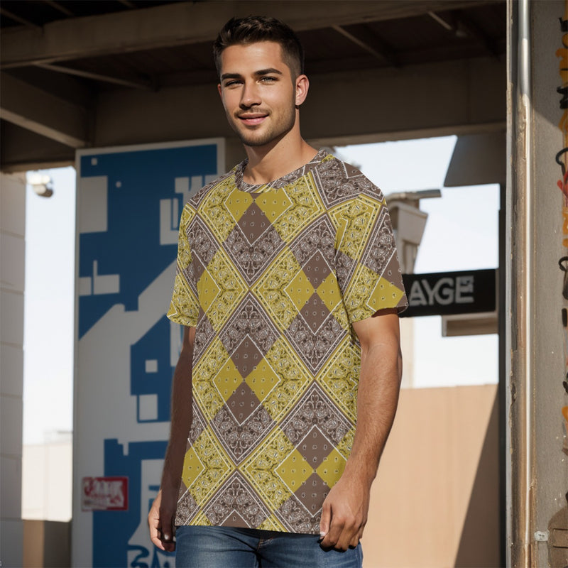 Men's Brown-Gold Diamond Bandana Cotton TShirt