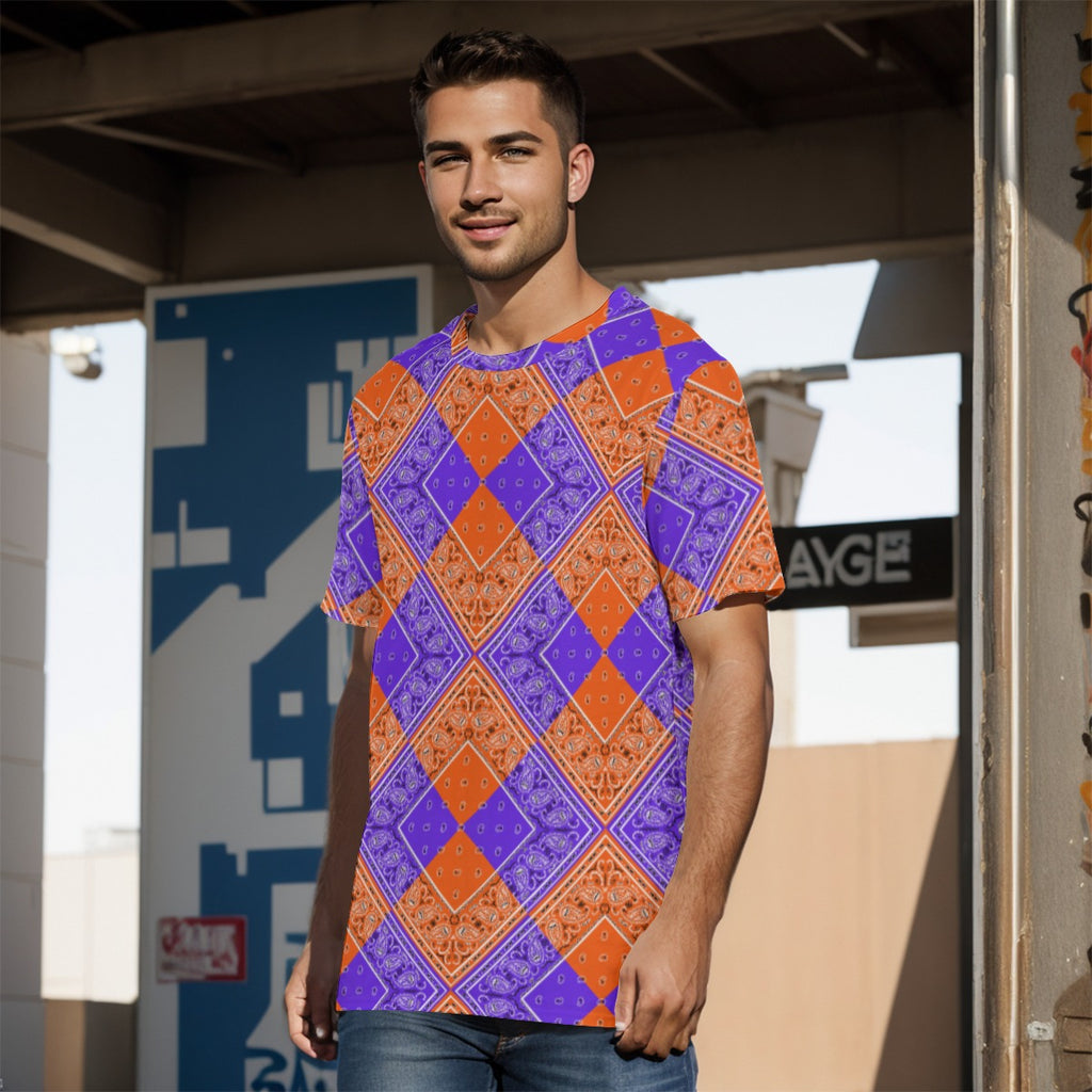 Men's Orange and Purple Diamond Bandana Cotton TShirt