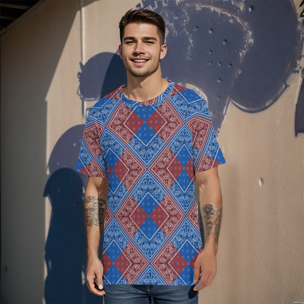 Men's Blue Maroon Diamond Bandana Cotton TShirt