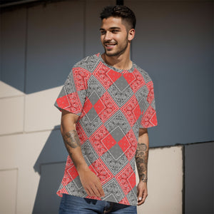 Men's Red Gray Diamond Bandana Cotton Tee