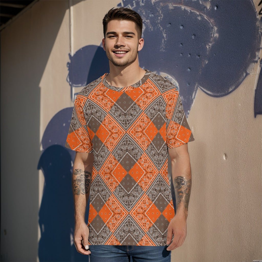 Men's Orange Brown Diamond Bandana Cotton TShirt