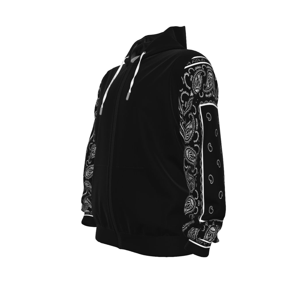 Unisex Classic Black Bandana Sleeved Zip-Up Hoodie