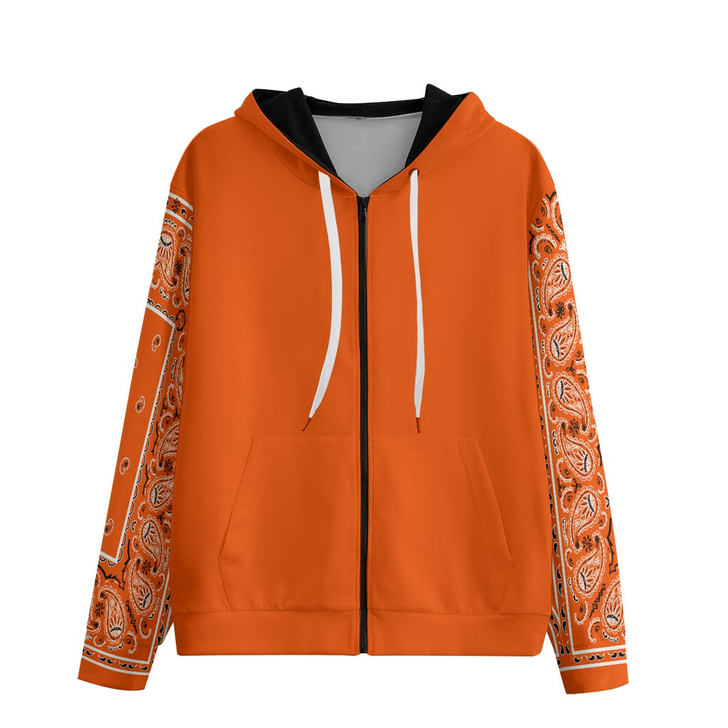 Unisex Orange Bandana Sleeved Zip-Up Hoodie