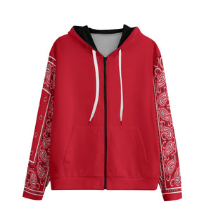 Unisex Red Bandana Sleeved Zip-Up Hoodie