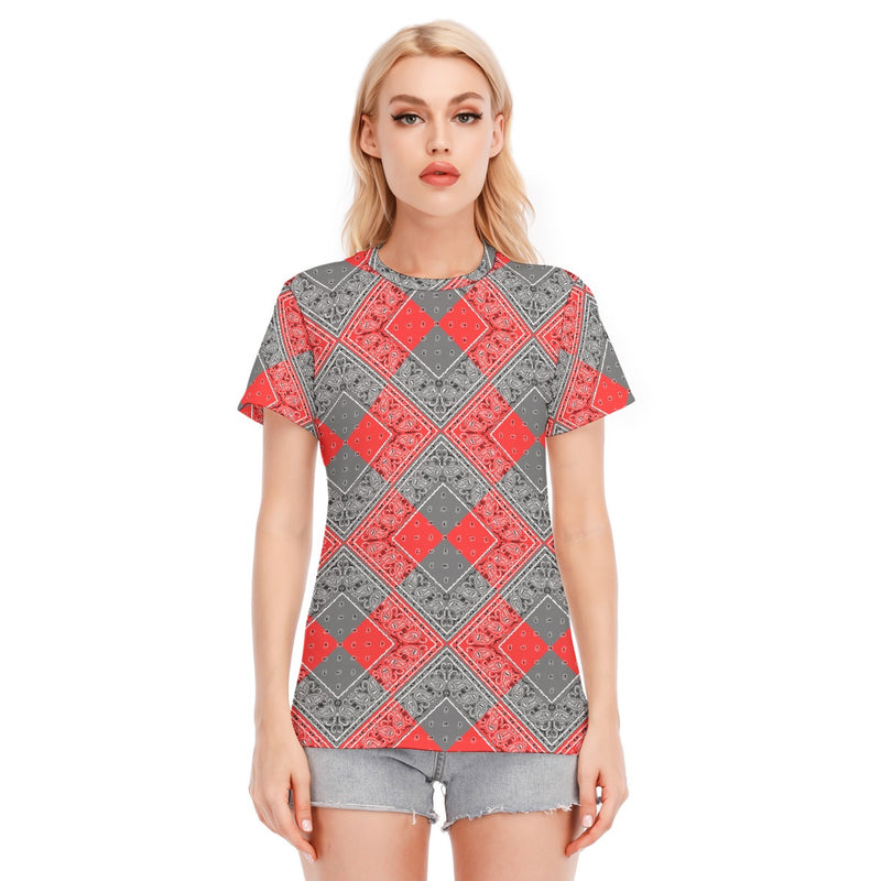 Women's Red Gray Diamond Bandana Cotton Tee