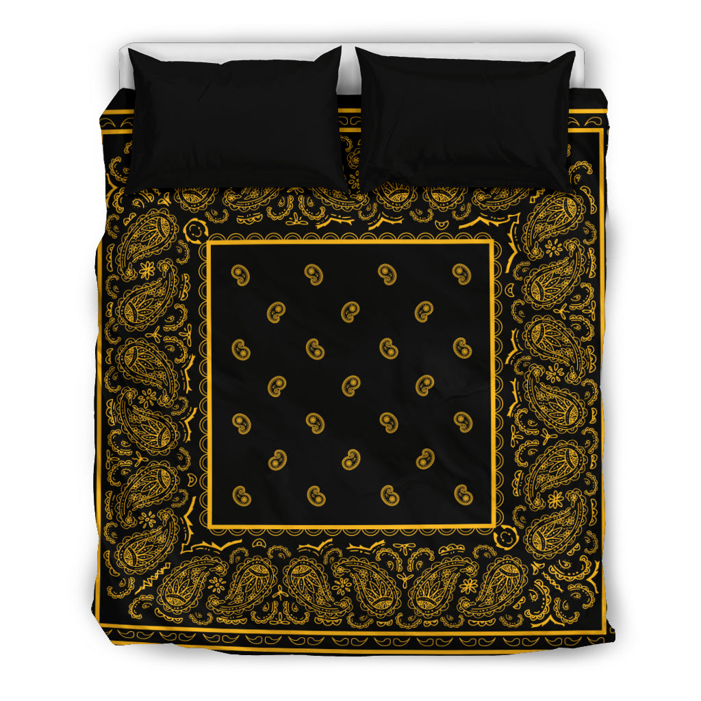 Queen Black Gold Bandana Duvet Covet Set