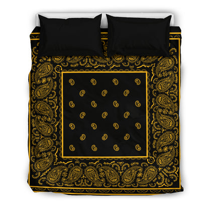 Queen Black Gold Bandana Duvet Covet Set