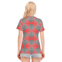 Women's Red Gray Diamond Bandana Cotton Tee