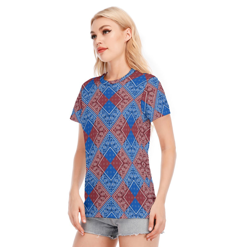 Women's Blue Maroon Diamond Bandana Cotton TShirt