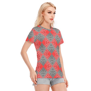 Women's Red Gray Diamond Bandana Cotton Tee