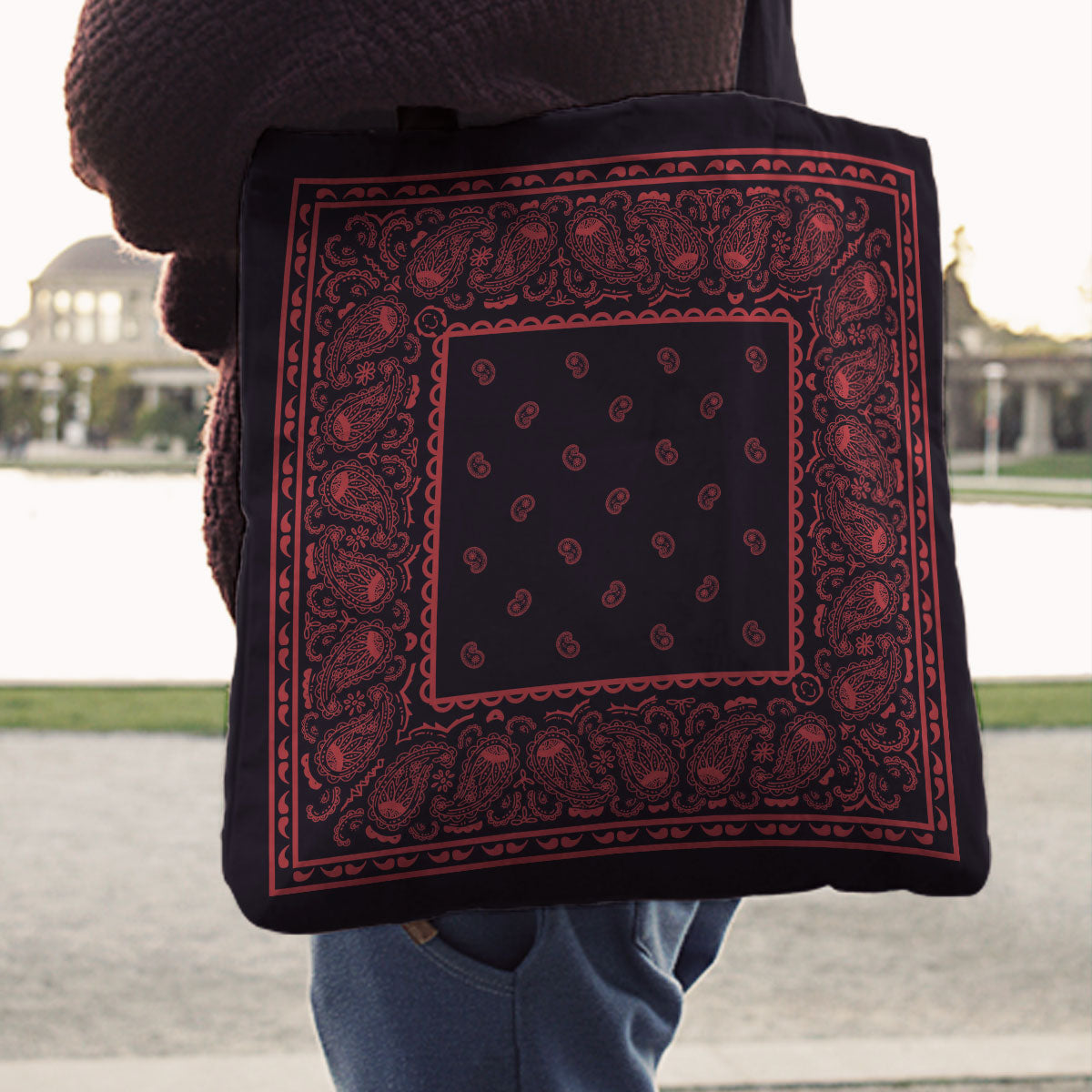 red and black bandana tote bags