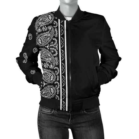 Asymmetrical Black Bandana Women's Bomber Jacket
