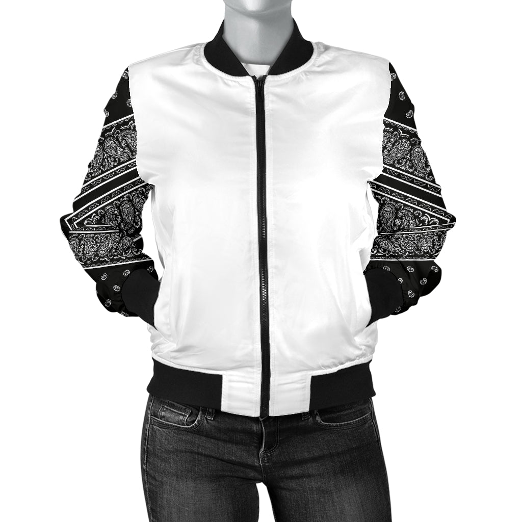 Women's Black Bandana on White Sleeved Bomber Jacket