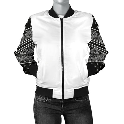 Women's Black Bandana on White Sleeved Bomber Jacket