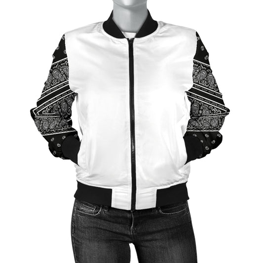Women's Black Bandana on White Sleeved Bomber Jacket
