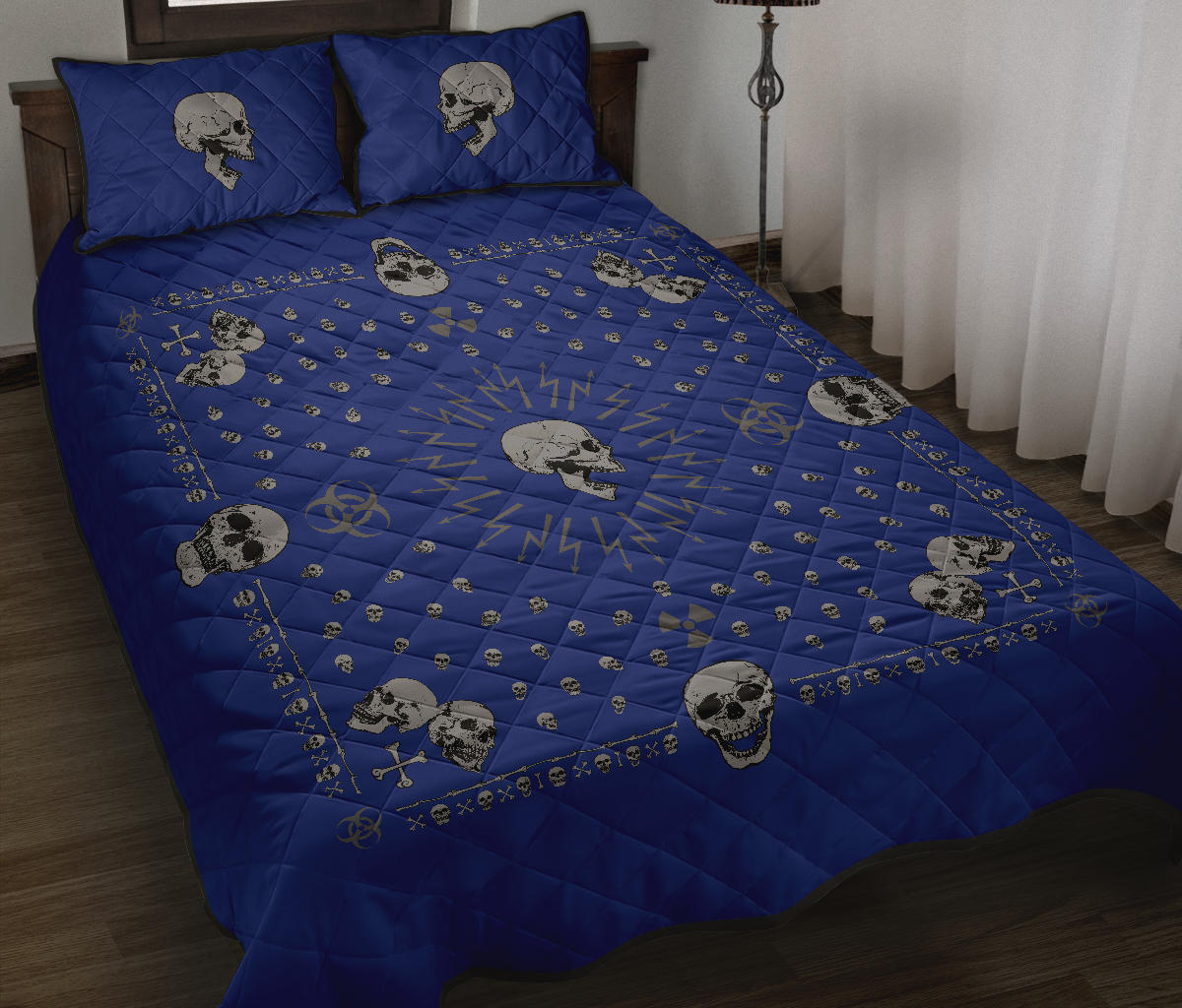 blue and gray bandana with skulls