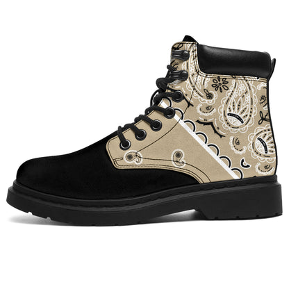 khaki and black hiking boots
