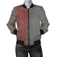 Asymmetrical Gray and Red Bandana Women's Bomber Jacket