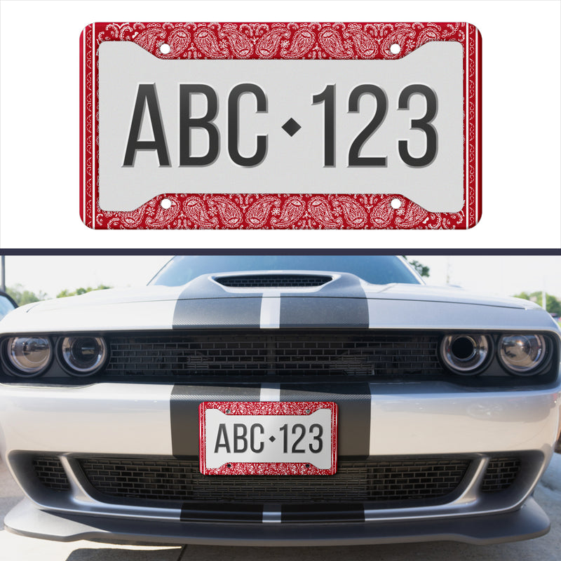 red and white muscle car license plate