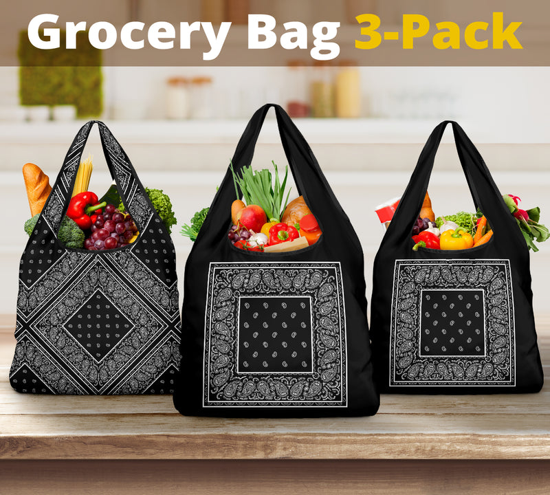 reusable bandana print grocery bags in black