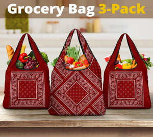 Maroon Red Bandana Reusable Grocery Bag 3-Pack