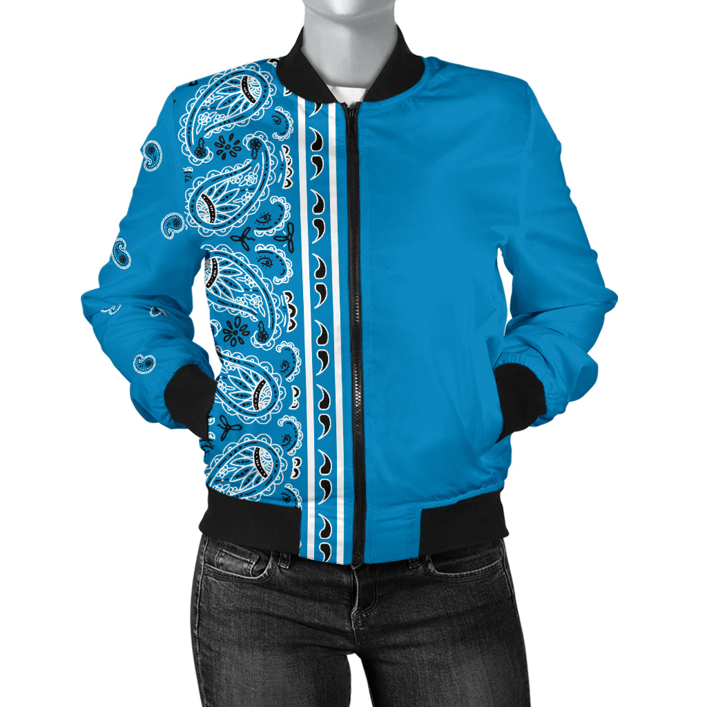 Asymmetrical Sky Blue Bandana Women's Bomber Jacket