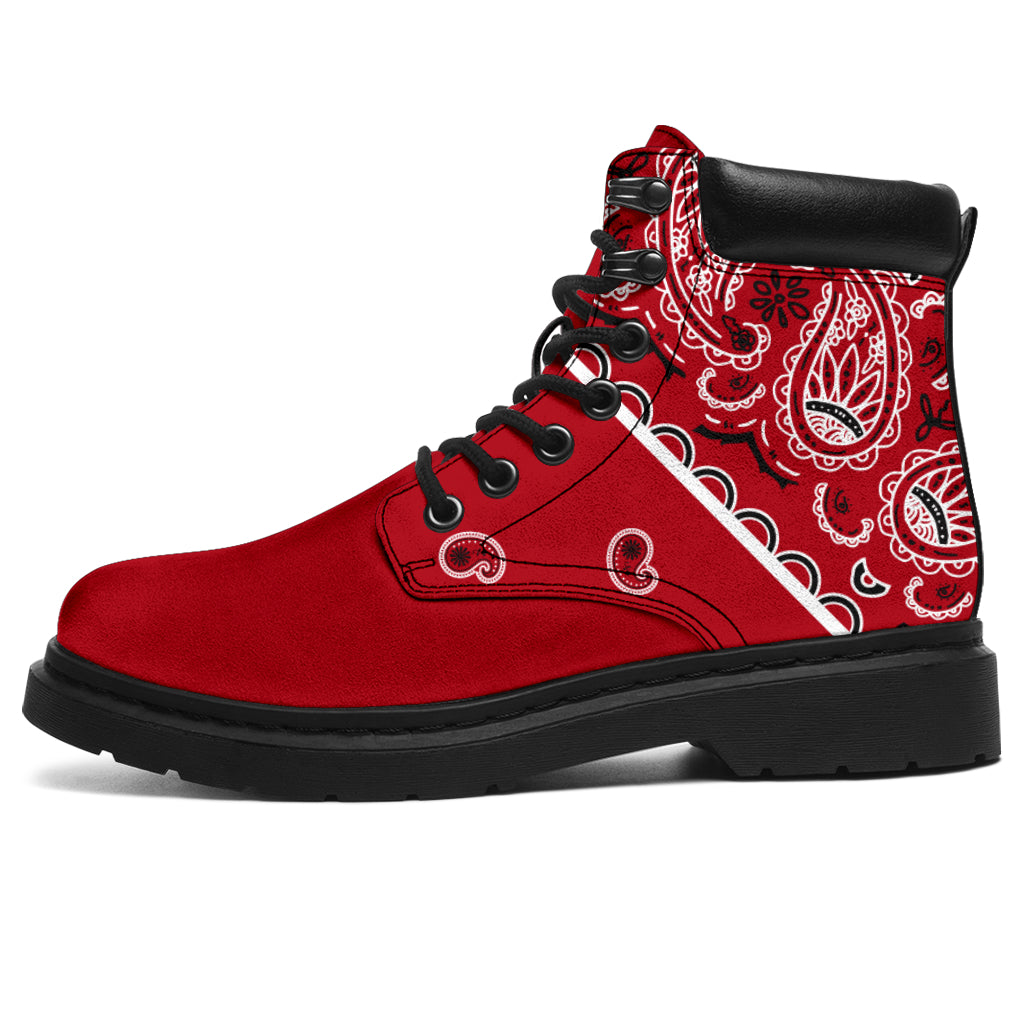 red bandana print hiking boots