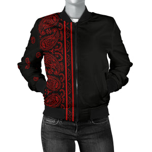 Asymmetrical Black and Red Bandana Women's Bomber Jacket