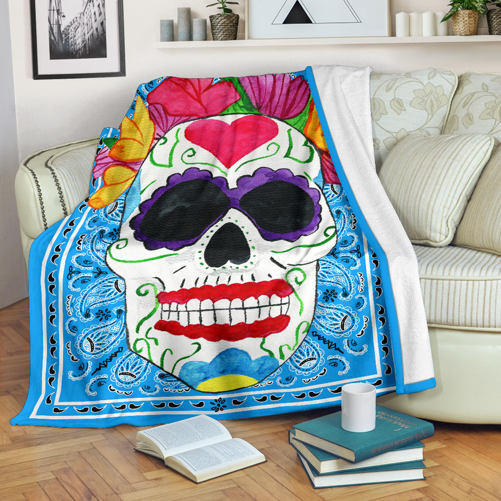 blue sugar skull fleece blanket