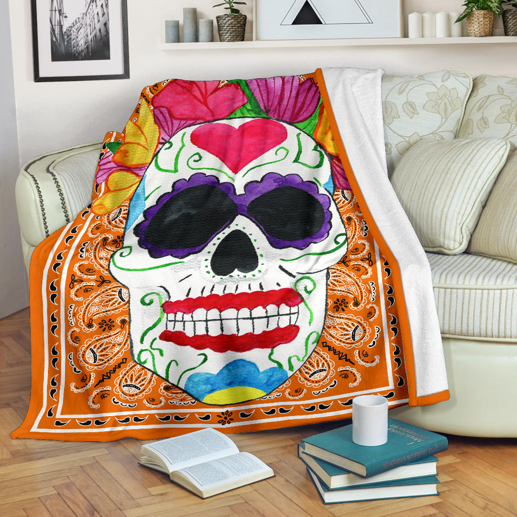 Ultra Plush Orange Bandana Sugar Skull Fleece Throw