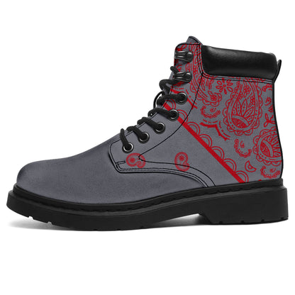 grey and red boots