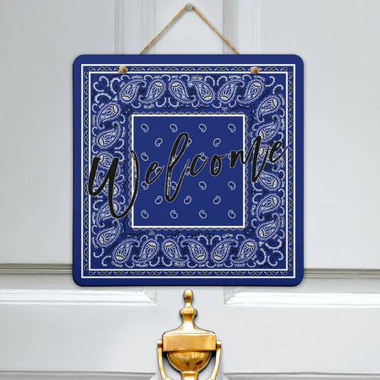 welcome sign on blue bandana
