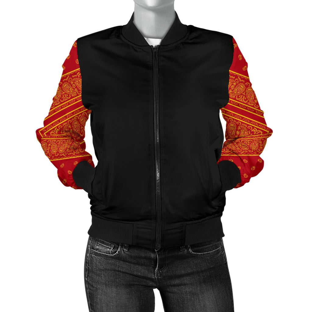 Women's Red and Gold Bandana Sleeved Bomber Jacket