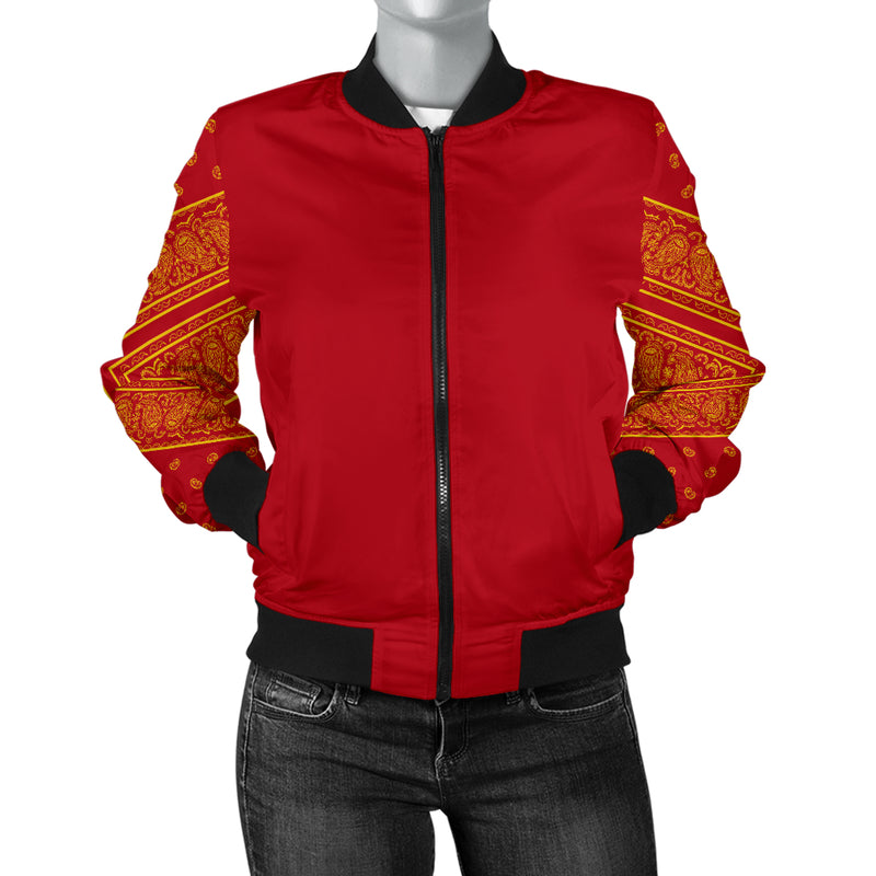 Women's Red and Gold on Red Bandana Sleeved Bomber Jacket