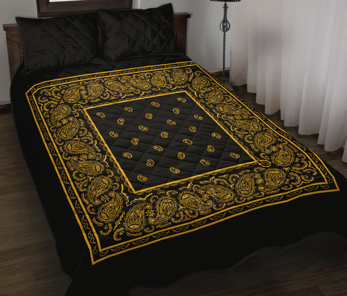 Quilt Set - Black Gold Bandana Bed Quilts w/Shams