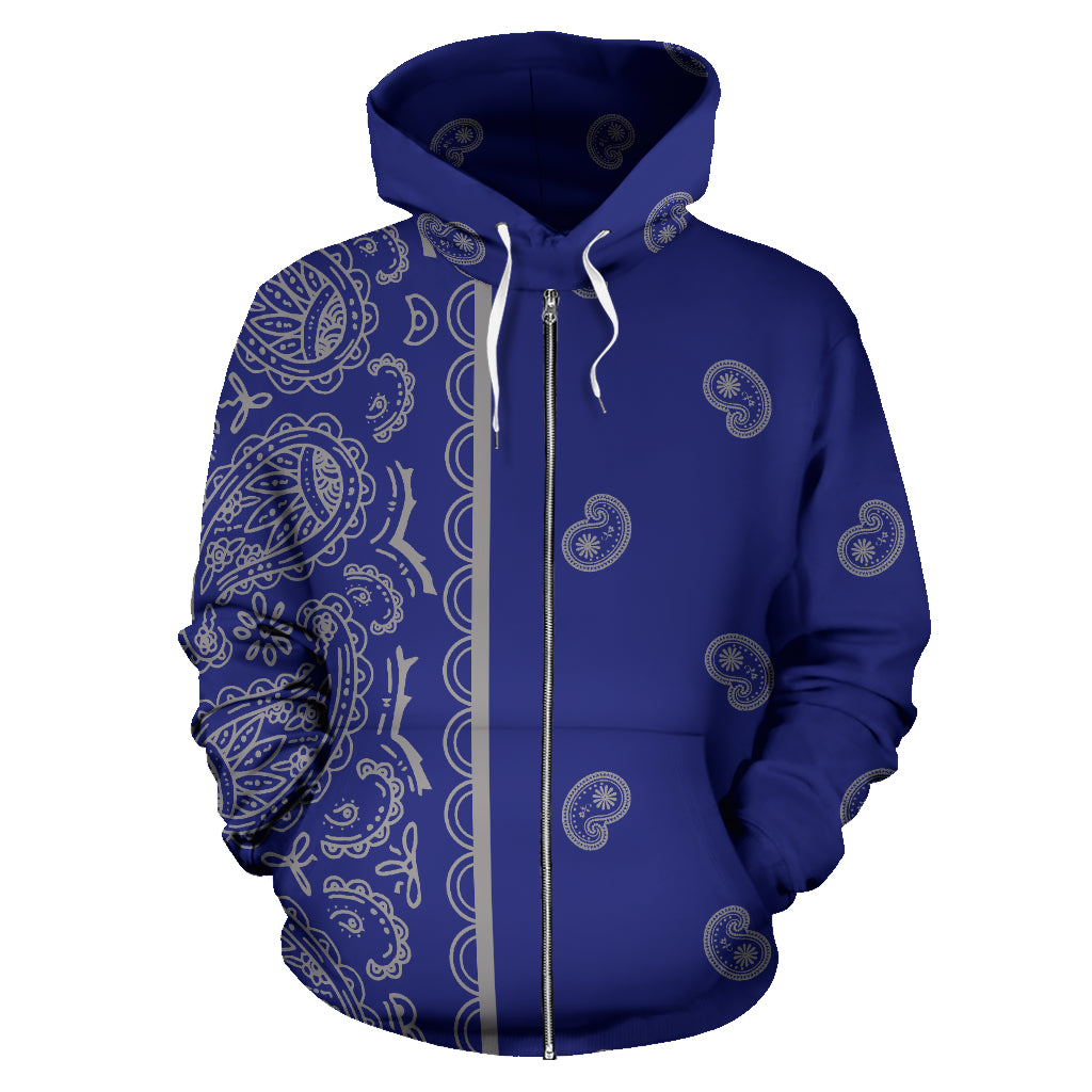 blue and gray bandana zip hoodie front view