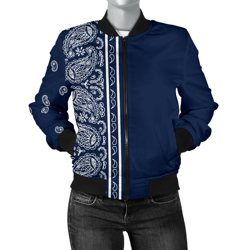 Women's Asymmetrical Navy Blue and White Bandana Bomber Jacket