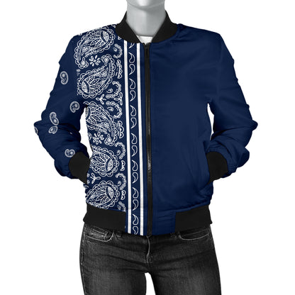 Women's Asymmetrical Navy Blue and White Bandana Bomber Jacket