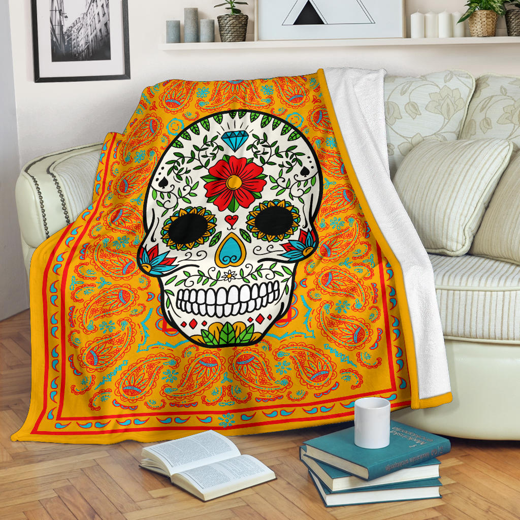 Pumpkin Sugar Skull Fleece Blanket