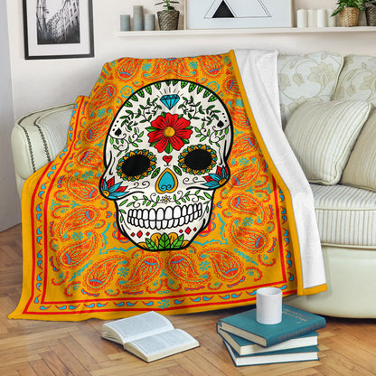 Pumpkin Sugar Skull Fleece Blanket