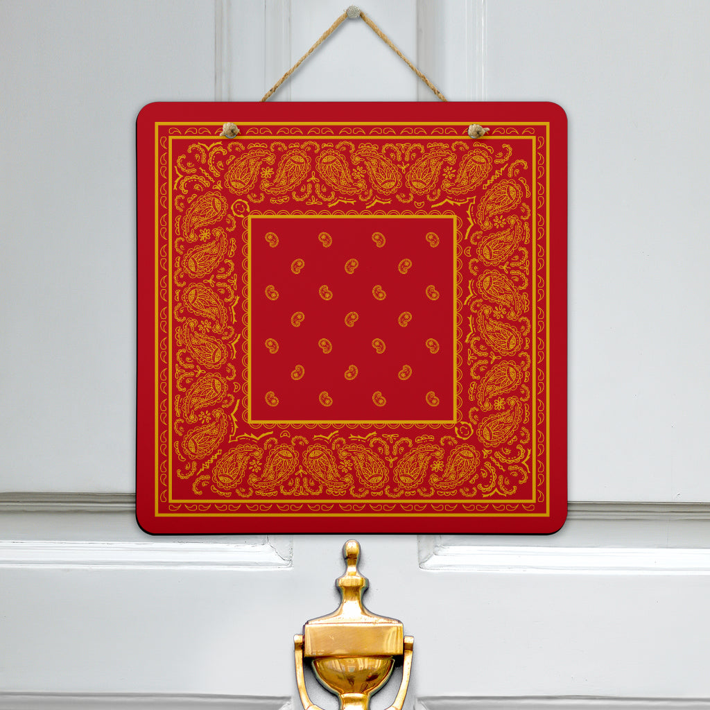 red and yellow bandana door sign