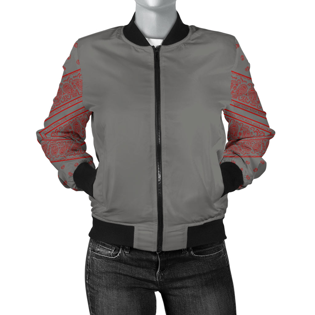 Women's Gray and Red Bandana Sleeved Bomber Jacket