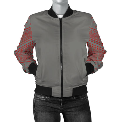 Women's Gray and Red Bandana Sleeved Bomber Jacket