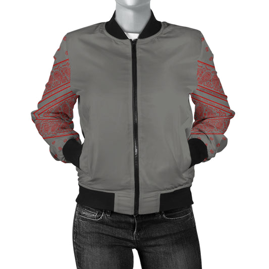 Women's Gray and Red Bandana Sleeved Bomber Jacket