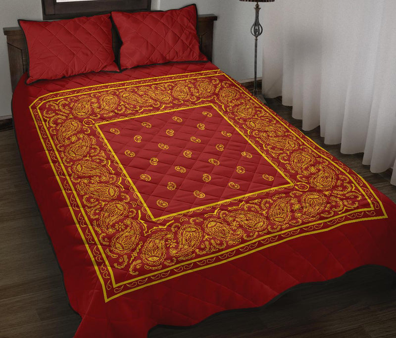 Double Red and Gold Bandana Bed Quilts with Shams