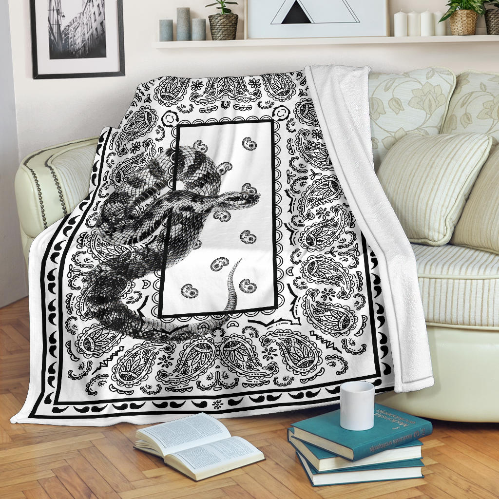 white bandana blanket with snake art